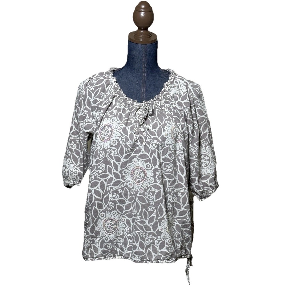 Boho Peasant Blouse Woman L/XL Cottagecore Brown Floral Neutral Lightweight